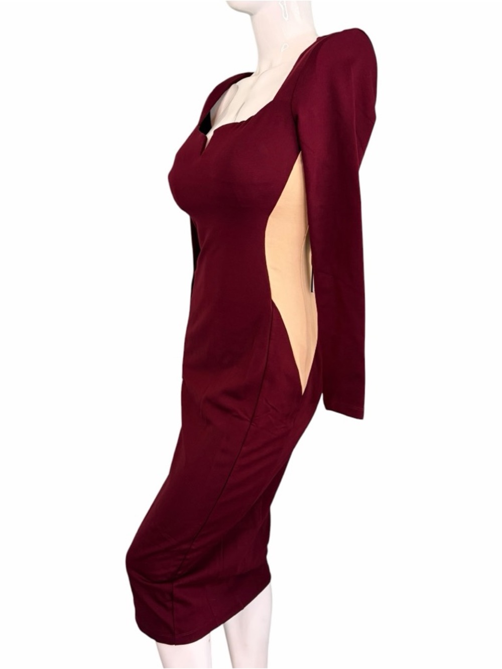 TA3 Notchy Long Sleeve Midi Dress Bodycon Cutout illusions Deep Wine red NWT L - Picture 4 of 16